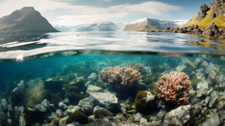a photo of the stunning green coral reef in the calm waters of storsveien, located in the southern faroe islands. this stock photo captures the beauty of the ocean on a serene summer day. the image showcases a realistic and hyper-detailed rendering, with a narrative-driven visual storytelling approach. the colors of the reef are a mix of light crimson and pink, complementing the naturalistic depictionsの素材