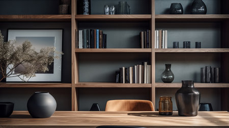 a home office featuring furniture in a dark gray and light brown color scheme. the room is adorned with a collection of books and vases, showcasing the owner's love for literature and art. the image, captured with a tamron 24mm f/2.8 lens, showcases exquisite craftsmanship and naturalistic details. the overall style of the room reflects the influence of the heidelberg school and incorporates elements ofの素材
