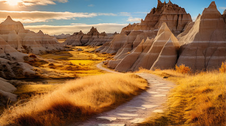 a breathtaking photograph of a badlands hiking trail, captured in the style of yellow, blue, pink, and black. the strong shadows and golden light create a mesmerizing effect. this pastel-colored, poetcore-inspired image is reminiscent of award-winning illustrations. shot with a high-quality zoom lens and using ferrania p30 film, the photo showcases incredible detail, reminiscent of the works of ansel adams and andrew tischler. ai generatedの素材