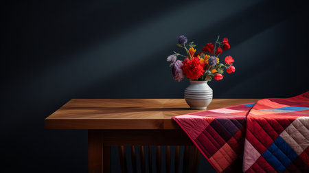 an arrangement of flowers on a table, inspired by the style of ed freeman, captured with a nikon d750. the composition features a combination of dark gray and crimson hues, reminiscent of peter sculthorpe's artwork. the bold lines and dynamic colors create a visually striking image, taken with a hasselblad hc 100mm f22 lens, paying homage to the artistic influence of charles spencelayh. ai generatedの素材