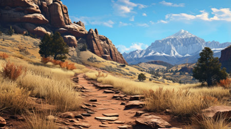 a breathtaking plateau hiking trail showcasing vibrant colors of yellow, blue, pink, and black. the strong shadows cast by the golden light create a mesmerizing pastel landscape. this award-winning illustration captures the high quality and intricate details of the trail. shot with a zoom lens and inspired by the works of ansel adams and andrew tischler, this photo embodies the poetic essence of nature. aiの素材