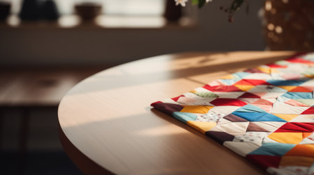 a colorful quilt, in the style of canon ts-e 17mm f4l tilt-shift lens, is seen sitting next to a table. this postminimalism-inspired composition showcases contrasting shadows and is captured using fujifilm pro 400h film. the lively tableau, created by atey ghailan, is enhanced with back button focus. ai generatedの素材