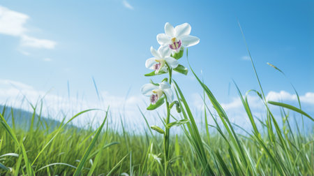 green grass on the ground, featuring a light sky-blue and light white color palette. delicate flowers add a touch of elegance to the scene captured by john wilhelm. this uhd image showcases organic biomorphic forms, with sharp focus, as captured by the talented photographer shilin huang. ai generatedの素材