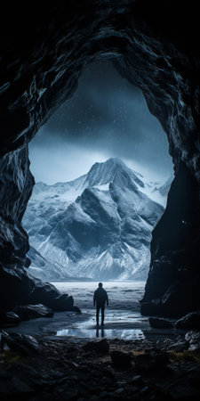 a stunning photograph of a cave with majestic mountains in the background. this captivating image, taken by johannes voss, showcases the beauty of nature. it has won the unsplash contest and is a masterpiece of visual art. with its nostalgic vibes and front-facing perspective, this 4k vertical wallpaper is perfect for those seeking a high-quality phone wallpaper. the photo captures the sparsely populated and breathtakingの素材