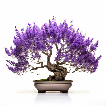 a purple-leaved bonsai tree with autumn flowers sits on a white background, showcasing the artistic style of mike campau. this highly detailed and calming composition, reminiscent of ruan jia's realistic still lifes, captures the naturalistic proportions and balanced beauty of the bonsai tree. ai generatedの素材