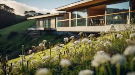 sleek hillside house design by olson kundig captured in this art deco architecture photography. the close-up shot features a blurred clover in the foreground, adding depth to the composition. shot in 8k from a movie-like perspective, the image showcases professional color grading, epic volumetric lighting, and sharp focus. the film grain and atmospheric elements enhance the overall atmosphere. captured using a sony alpha a7 iiiの素材