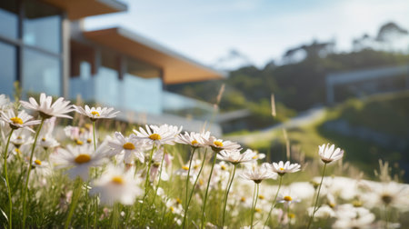 victorian architecture photography of sleek hillside house design by olson kundig. close-up shot of a blurred daisy in the foreground. shot in 8k from a movie-like composition, featuring professional color grading, epic volumetric lighting, sharp focus, and film grain for added atmosphere. captured with a sony alpha a7 iii camera and a sony fe 24-105mm f/4 g oss lens, resulting in stunning uhd 8k quality.の素材