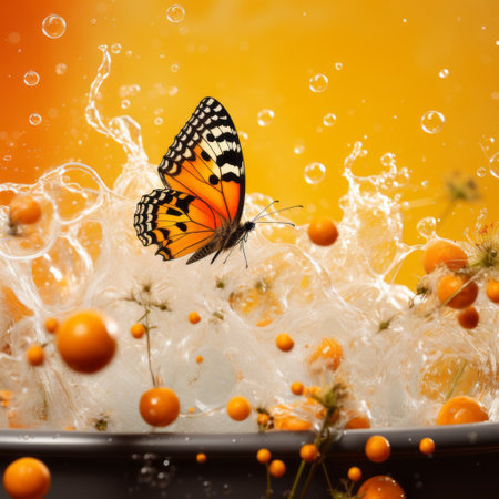 a butterfly gracefully floats through a vibrant water-filled scene, surrounded by slices of juicy orange segments. this fantastical dreamscape captures a sensory experience with its vivid colors and mesmerizing composition. it combines elements of a color splash, kitchen still life, and environmental awareness, creating a wimmelbilder-like atmosphere with dotted details. ai generatedの素材
