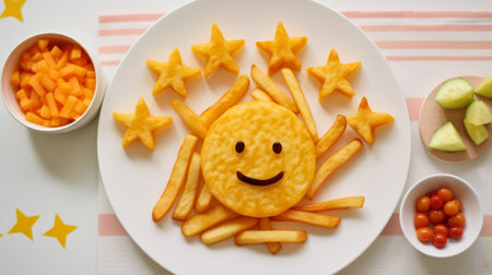 fries for a 10-month-old baby on a beautiful children's plate. the plate is placed on a white background, showcasing the food decorated in a children's style. this real photo captures the high professional quality of the image. ai generatedの素材