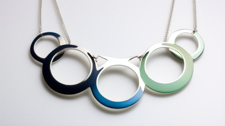 a modern necklace in blue and silver, measuring 50 mm x 22cm, sold in the style of bold shadows and eccentric detail placements. the design features a combination of dark white and light green, creating a sci-fi spectacle. the polished craftsmanship highlights the optical appeal, with a particular focus on the joints and connections. ai generatedの素材