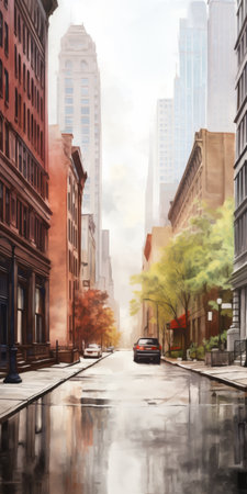 wet gray clouds hang over the city in this realistic landscape photo, capturing the soft, tonal colors of the scene. the architectural illustrator has skillfully depicted a street scene in a new york cityscape, with hints of light crimson and amber adding depth to the composition. the flat perspective adds a unique touch to this artgerm-inspired image. ai generatedの素材