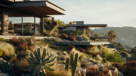 sleek hillside house design by olson kundig captured in this stunning brutalist architecture photography. the close-up shot features a blurred cactus in the foreground, adding depth to the composition. shot in 8k resolution with a cinematic approach, the image showcases professional color grading, epic volumetric lighting, and sharp focus. the film grain and atmospheric elements enhance the overall atmosphere. taken with a sony alpha a7の素材