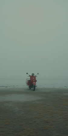 red scooters are parked on the sandy beach, surrounded by a thick fog. this photograph captures a muted and minimalist composition, reminiscent of soft and romantic landscapes. the scene has a dreamlike quality, with elements of analogue filmmaking and transfixing marine scenes. the use of an argus c3 camera adds to the moody and atmospheric ambiance of the image. ai generatedの素材