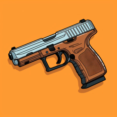a stylized handgun is depicted on a vibrant yellow background, showcasing elements of comic art and hyper-realism. the illustration, created by cody ellingham, features a striking combination of dark silver and dark orange hues. the artwork stands out with its strong linear elements and embraces a colorful absurdism aesthetic. ai generatedの素材