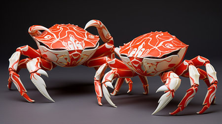 the crab with eyes is a hyper-detailed rendering of a realistic paper cut-out. this daz3d creation features vibrant red and orange colors, making it a striking addition to decorative vessels. the monochromatic white figures surrounding the crab add a touch of elegance, while the kintsukuroi technique adds a unique and artistic element to the overall composition. ai generatedの素材