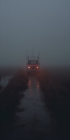 a black truck sits in the fog, surrounded by a darkening sky. the photo is captured in the style of light red and light cyan, creating an unsettling emptiness. the composition is reminiscent of dutch marine scenes and photography installations. the realistic chiaroscuro lighting adds depth to the image, evoking a sense of rural america. the use of anamorphic lens enhances the visual impact. aiの素材
