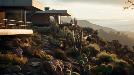sleek hillside house design by olson kundig captured in a close-up shot, showcasing the beauty of brutalist architecture. the foreground features a blurred cactus, adding a touch of nature to the composition. shot in 8k with a cinematic approach, the photo exhibits professional color grading, epic volumetric lighting, and sharp focus. taken with a sony alpha a7 iii camera and a sony fe 24-105mm f/4の素材