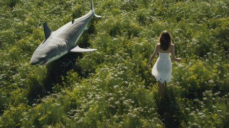 ashley walking through a meadow with a shark following, captured from a high-angle perspective. the wide-angle lens showcases the natural beauty of the surroundings, while the shark adds a playful element to the composition. ai generatedの素材