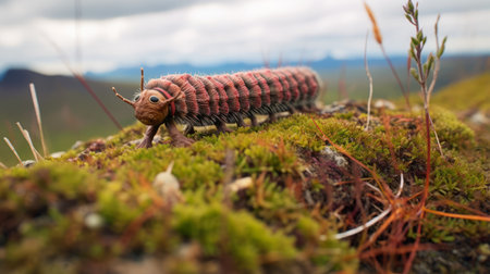 a karen walks through a tundra, with a caterpillar following, showcasing the natural beauty of the surroundings. the high-angle perspective and wide-angle lens capture the karen's connection with nature, while the playful presence of the caterpillar adds an additional element to the composition. ai generatedの素材