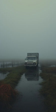 a truck parked on the side of a road, captured in slow motion. the photograph showcases layered and atmospheric landscapes, with a touch of minimalist portraits and dutch realism. the color palette is dominated by dark white and aquamarine tones, creating a unique visual appeal. the image beautifully depicts rural life, enveloped in a misty atmosphere, reminiscent of the rollei prego 90 style. ai generatedの素材
