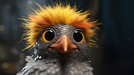 a lifelike 3d character of a finch with comical bulging eyes, created in the style of hyper-realistic sci-fi. the intense emotion and subtle expressions, inspired by the barbizon school, bring this character to life. felt creations and overexposure techniques add texture and depth, making this artwork truly captivating. ai generatedの素材