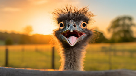 an ostrich, with dynamic and exaggerated facial expressions, is seen laying in a field. the cute and dreamy style of the image captures the essence of kombuchapunk and caricature faces. the golden light adds a touch of warmth to the scene, while the presence of a security camera adds a unique element. the ostrich's relatable personality shines through in this captivating photo. ai generatedの素材