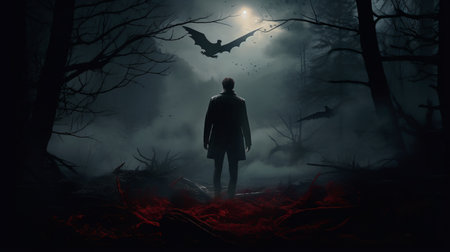 a new poster for the roguelike game bloodborne featuring atmospheric woodland imagery rendered in cinema4d. the dark sky-blue and dark red colors create a captivating ambiance. the poster showcases psychological phenomena illustrations with a full-body depiction and a smokey background, complemented by stunning dragon art. ai generatedの素材