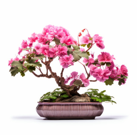 a bonsai tree with pink flowers is surrounded by green leaves, showcasing the precise and lifelike style of traditional photographic techniques. the bold and vibrant colors of light magenta and bronze enhance the angura kei aesthetic, while the refined technique captures the beauty of the simplified composition. ai generatedの素材