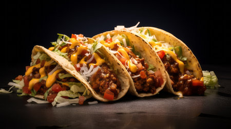 a row of vibrant, multilayered tacos made with authentic mexican ingredients such as cheese and tomatoes. these tacos are presented in a unique style, featuring a dark sky-blue and yellow color scheme. the dimensional multilayering adds a youthful energy to the image, while the dark orange and white hues create a striking contrast. the subtle lighting enhances the trillwave aesthetic of the photo. ai generatedの素材