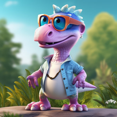 a charming character illustration of an adorable blue, purple, and yellow dinosaur wearing sunglasses. rendered in unreal engine, this lively landscape showcases the masterful ink work and the handsome pink leatherhide of the dinosaur. ai generatedの素材