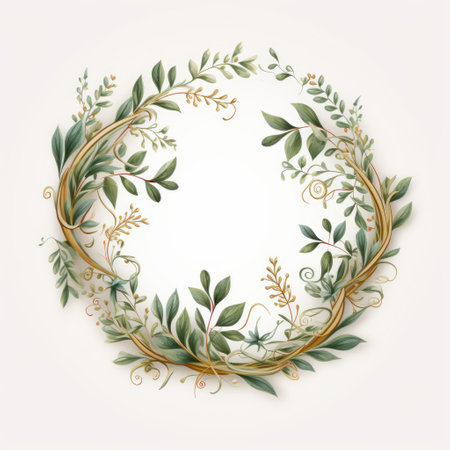 a floral frame featuring leaves and flowers in oil is depicted in this vector illustration. set against a white background, the artwork showcases a combination of light gold and light emerald colors. the design incorporates tangled nests, elegant calligraphy, and highly detailed elements. the imagery evokes an atmospheric woodland scene, with circular shapes adding a sense of harmony. this artwork is created with a focusの素材