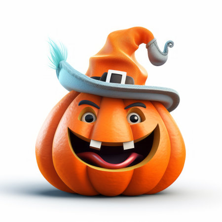 a cartoon pumpkin hat with a smiling face is depicted on a white background. this whimsical creation, resembling a zbrush style, showcases fantastical and imaginative creatures. the elaborate costume is sculpted with a combination of light blue and orange colors. the image captures the essence of inclement weather in a creative and captivating manner. this image is available under the creative commons attribution license. aiの素材