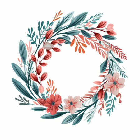 a floral wreath featuring blue flowers and red leaves, designed in a mid-century illustration style. the wreath is adorned with light teal and light pink accents, creating a harmonious color scheme. the depth of layers adds dimension to the tightly cropped composition, set against a white background. the monochromatic color scheme includes hints of light orange and light maroon. ai generatedの素材