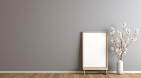 an empty room with a grey wall, large mirror, and some plants. the room is designed in the style of an advertisement, with light gray and brown tones. it features an artist's frame, minimalistic japanese elements, and minimalistic drawings. the room is beautifully lit with a backlight, and the use of wood adds a touch of warmth to the space. ai generatedの素材