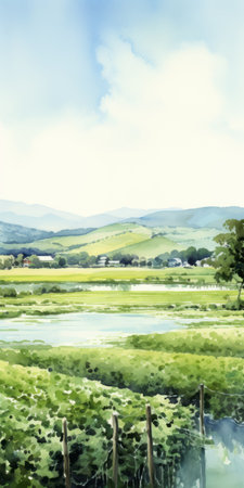 a watercolor painting of a picturesque swamp with rows of lush grapevines, a charming winery in the background, and rolling hills. this stunning artwork, inspired by j.m.w. turner, captures the beauty of nature, vineyards, and the serene ambiance of a winery. ai generatedの素材