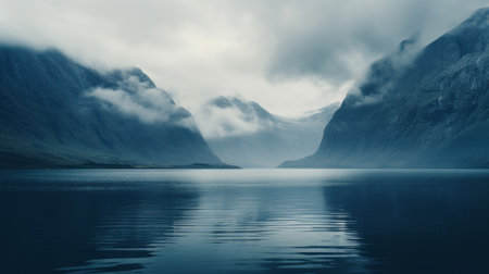 dark clouds loom over a serene mountain lake, creating an ethereal and tranquil scene reminiscent of 20th-century scandinavian style. the empty background enhances the soft edges and atmospheric effects, while the light cyan and silver tones add to the serene ambiance. this captivating image evokes the serene faces and serene and tranquil scenes often found in the works of even mehl amundsen. ai generatedの素材