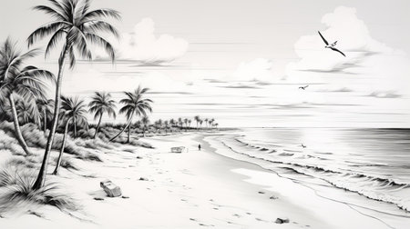 a black and white drawing of a serene beach scene with children playing on the white sandy beach, sailboats sailing in the distance, seagulls soaring above, a coconut tree, and scattered seashells and shellfish. ai generatedの素材