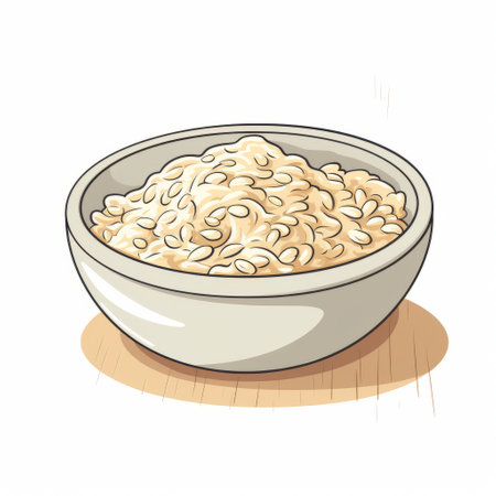 hand drawn oatmeal illustration. this digital drawing features a clean and flat vector shape of oatmeal, with a flat color and tone. the design has low details and is set against a white solid background, making it versatile for various uses. ai generatedの素材