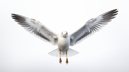 a white seagull gracefully soars through the air against a pristine white background. this captivating photograph, reminiscent of matthias haker's style, showcases dynamic symmetry and layered gestures. with influences from sven nordqvist and national geographic, this award-winning image is predominantly white and gray, creating a visually stunning composition. ai generatedの素材