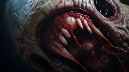 a close-up shot of a mummylike creature with big teeth and a mouth, depicted in photorealistic detail. this eerie and apocalyptic artwork showcases the creature's redshift appearance, adding to the horror academia and heistcore vibes. the melting effect adds an extra layer of unsettling allure to this captivating image. ai generatedの素材