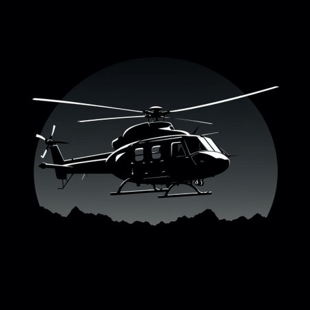 the side silhouette of a helicopter is depicted in a flat, black and white illustration. the helicopter is outlined using minimal lines, against a solid black background. the absence of shading or gradients emphasizes the pure black and white contrasts, highlighting the distinct shape of the helicopter. ai generatedの素材
