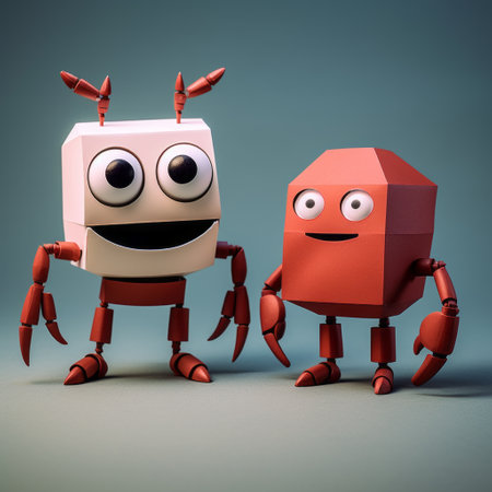 3d robots model preview showcasing quirky cartoonish illustrations by paul corfield. the light maroon and red color scheme adds a vibrant touch to the geometric animal figures inspired by victor nizovtsev's artwork. this two-dimensional design incorporates elements of cubo-futurism, creating a unique and visually captivating composition. ai generatedの素材