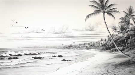 a black and white drawing of a pristine white sandy beach with juniors playing and running around. in the distance, two small sailboats sail along the vast ocean. two seagulls gracefully soar through the sky above. a coconut tree grows on the beach, with scattered seashells and shellfish. ai generatedの素材
