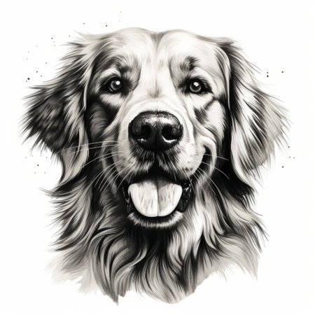 a black and white digital illustration of a golden retriever with black eyes. this detailed ink illustration showcases elegant inking techniques, creating a caricature face of the dog. the uhd image captures the intricate details of the artwork, reminiscent of the graflex speed graphic style. ai generatedの素材
