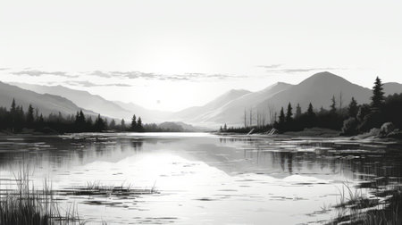 a vector illustration showcasing the silhouette of mountains and a lake against a backdrop of mountains and sky. this monochrome painting-style artwork features reflections and mirroring, with a touch of whistlerian influence. the image is rendered in 8k resolution, displaying muted and subtle tones that evoke a sense of plein-air realism. ai generatedの素材