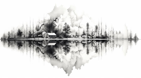 a captivating digital artwork captures the essence of a dream in a forest. this piece combines various artistic styles, including ink-wash landscape, double exposure, cabincore, reflections and mirroring, black-and-white graphic, and realistic watercolor paintings. the calming symmetry adds to the overall allure of the image. ai generatedの素材