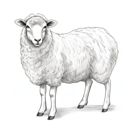 the sheep stands gracefully on a white background, showcasing intricate shading and sketching techniques. the artwork, reminiscent of kerem beyit's style, features dynamic line work and detailed character illustrations. the sheep is rendered realistically, with a combination of light gray and white tones. ai generatedの素材