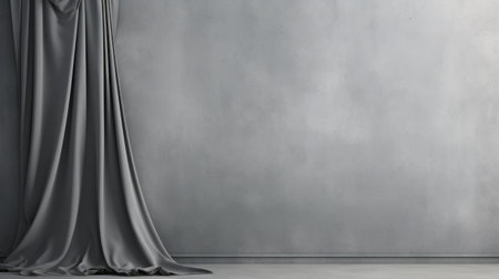 grey curtains hang gracefully on a cement wall in this stock photo, showcasing a minimalistic surrealism style. the glossy finish adds a touch of elegance to the image, which is captured in ultra-high definition. the minimalist staging highlights the beauty of the curtains, while the opulent fabrics create a sense of luxury. this photo is reminiscent of american tonalism and minimalist sculptor techniques. ai generatedの素材