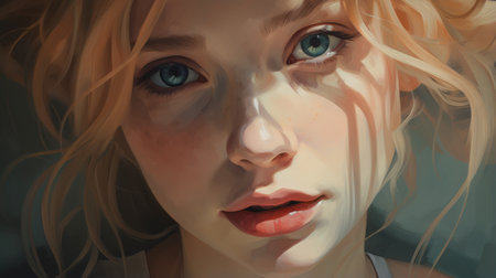 a close-up portrait of a girl with blue eyes and dark hair, edited in photoshop to resemble the unique style of peter mohrbacher. this 32k uhd image showcases a cartoonish innocence, inspired by the works of carrie graber. the detailed character design is enhanced with stainswashes, creating a captivating and artistic composition. ai generatedの素材