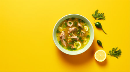 a bowl of soup is captured in this stock photo, set against a vibrant yellow background. the image showcases asian-inspired motifs with minimal retouching, taken using fujifilm provia. the hyper-realistic oil technique by marcin sobas brings out intricate imagery, highlighted by light green and silver tones. ai generatedの素材